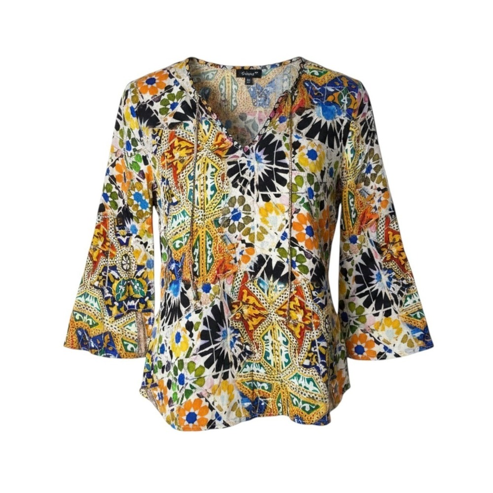 Tolani Mosaic Floral Print Top XS‎ Bell Sleeve Boho Retro Hippie Colorful India